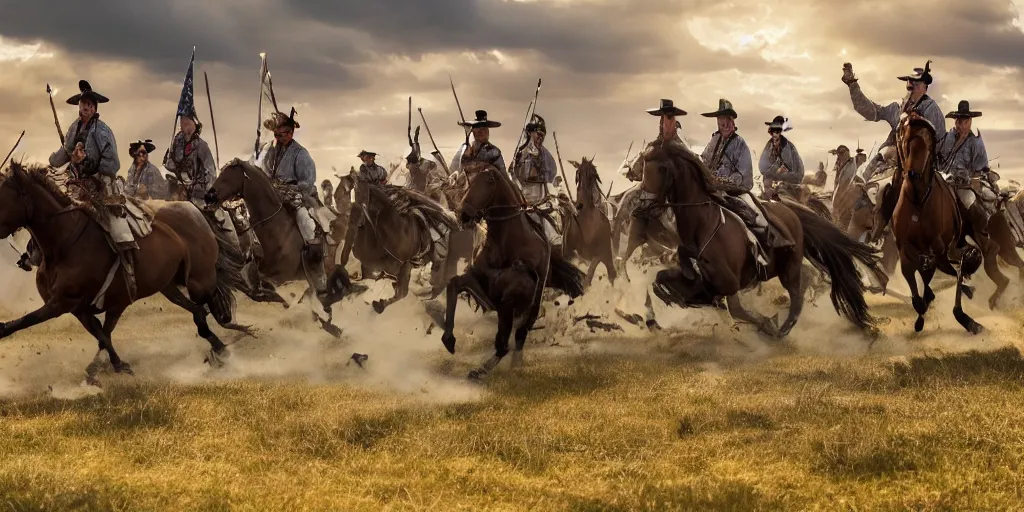 Image similar to promotional movie still of an action shot from the battle of little bighorn, custer's last stand, majestic horses, desperate action, dramatic hdr natural light, cinematic lighting, extremely high detail, photorealistic, imax 7 0 mm, iso 4 0 0, 8 k, 4 k, hq