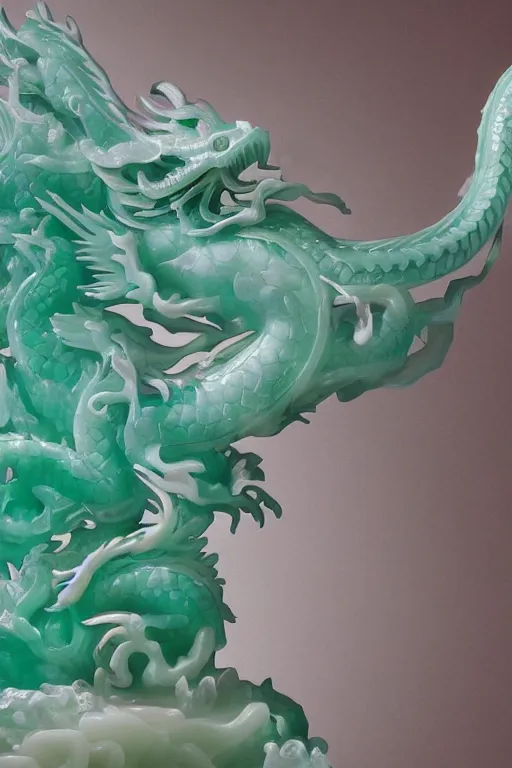 Image similar to a chinese dragon carved from translucent jade, dynamic pose standing on a marble pedestal, intricate details, intricate textures, warm lighting, vivid colors, smoke and mist, realistic octane render, hyper realistic render, volumetric shading, depth of field, raytracing, 8 k,