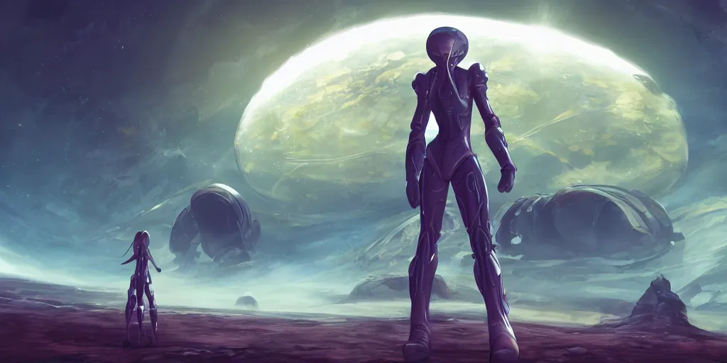 Image similar to Samus in the varia suit standing in the middle of a desolate planet, full body shot, the planet is full of otherworldly natural structures, two moons float above the horizon, futuristic, artstation, digital 2d drawing, high detail