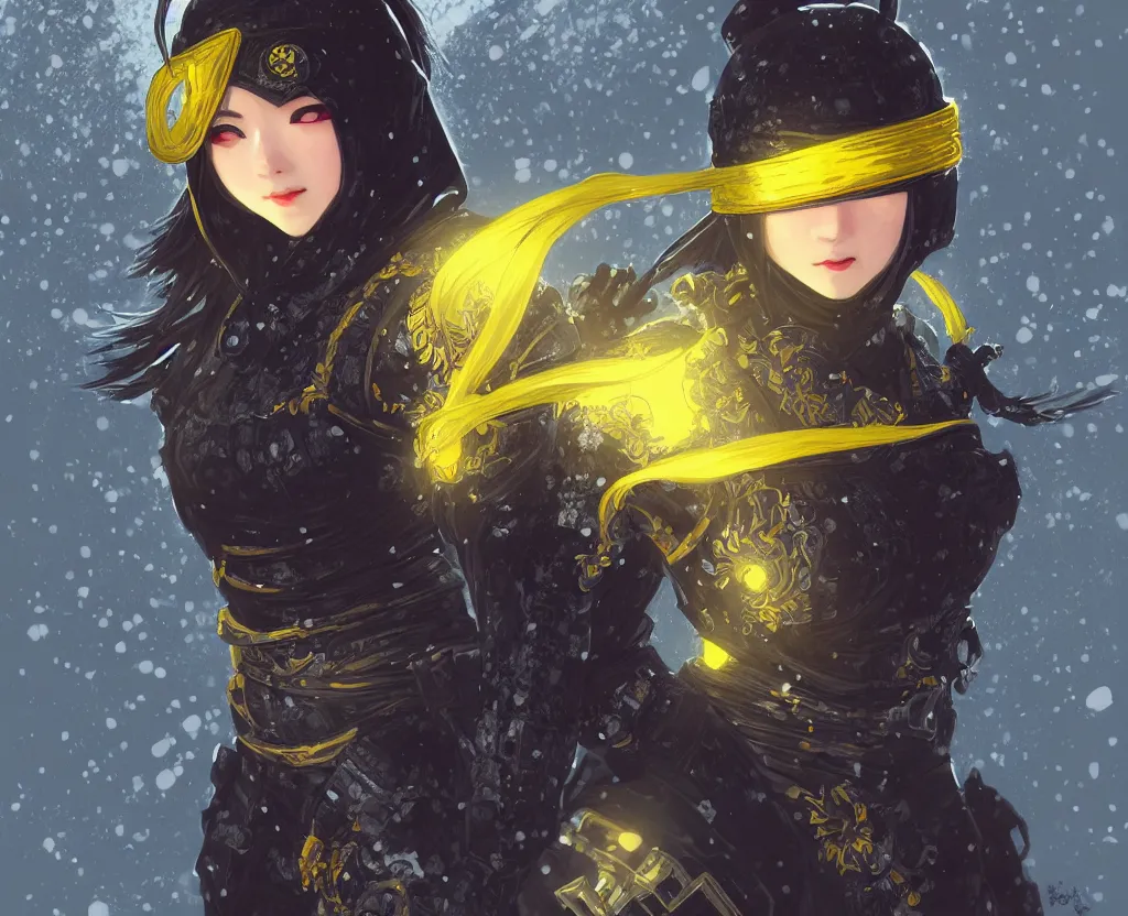 Image similar to portrait ninja gaiden girl, black plus little yellow ninja wardrobe, at snowy fuji mountain sunrise, ssci - fi and fantasy, intricate and very very beautiful, detailed, digital painting, artstation, concept art, smooth and sharp focus, illustration, art by tian zi and wlop and alphonse mucha