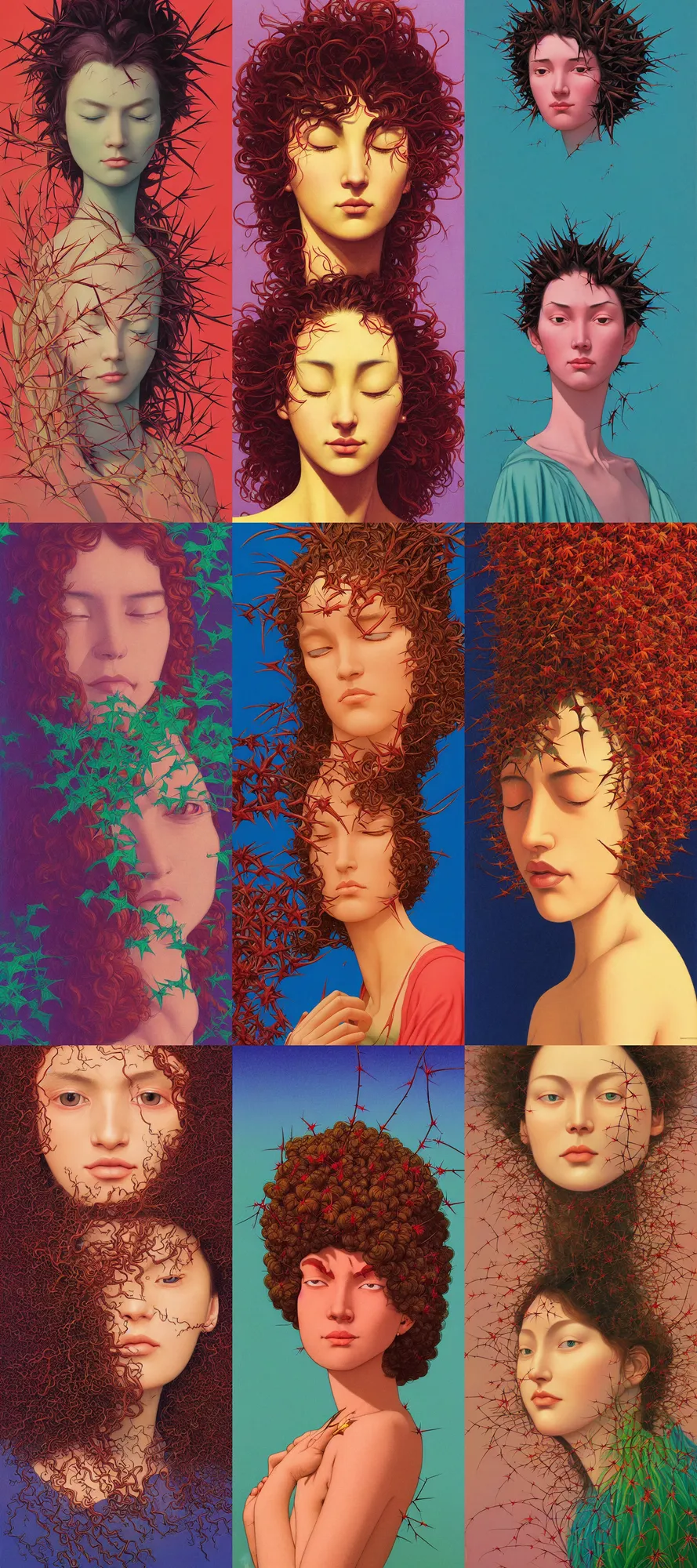 Prompt: a colorful vibrant closeup portrait of a simple caucasian woman with curly mid length brown hair with a calm afraid aesthetic face with thorns and dreaming psychedelic hair, by kawase hasui, moebius, edward hopper and james gilleard, zdzislaw beksinski, steven outram colorful flat surreal design, hd, 8 k, artstation