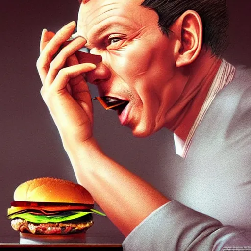 Prompt: portrait of a Frank Sinatra eating a hamburger, extra onions and ketchup, luscious patty with sesame seeds, masculine, handsome, D&D, fantasy, intricate, elegant, highly detailed, digital painting, artstation, concept art, matte, sharp focus, illustration, art by Artgerm and Greg Rutkowski and Alphonse Mucha
