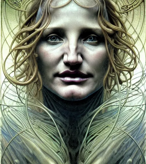 Prompt: detailed realistic cameron diaz face portrait by jean delville, gustave dore and marco mazzoni, art nouveau, symbolist, visionary, gothic, pre - raphaelite. horizontal symmetry by zdzisław beksinski, iris van herpen, raymond swanland and alphonse mucha. highly detailed, hyper - real, beautiful, fractal baroque