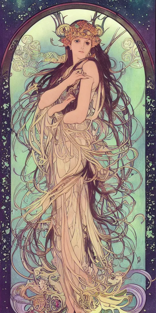 Prompt: Ethereal elven goddess of autumn and galaxies. Manga artbook illustration by CLAMP and Alphonse Mucha.