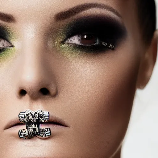 Prompt: close up of the face of a female fashion model, model wearing a geometric black dress with circuit print, photography , official versace editorial , highly detailed