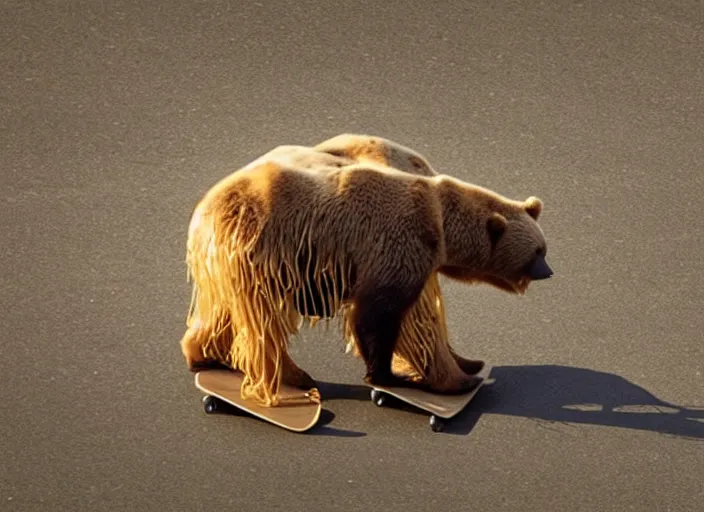 Prompt: film still of a bear covered in spaghetti noodles riding a skateboard in compton ca, 8 k