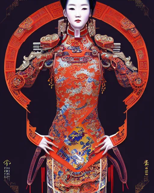 Image similar to portrait of a chinese cyberpunk machine, machine face, arms, upper half portrait, decorated with chinese opera motifs, regal, asian, fine china, wuxia, traditional chinese art intricate intense elegant 京 剧 highly detailed digital painting artstation concept art smooth sharp focus illustration, art by artgerm and greg rutkowski alphonse mucha 8 k