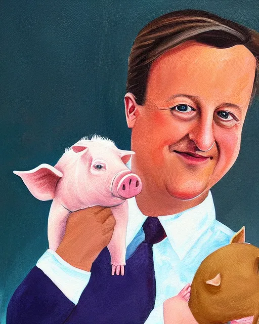 Image similar to a painting of uk politician former prime minister david cameron holding a pig in his arms, 4 k detail