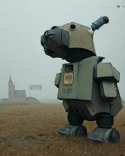 Image similar to giant oversized chubby bulky armored train pug dog robot mech, with big pug head , rocket launcher , on a village , Cinematic focus, fujicolor photo, vintage, neutral colors, soft lights, foggy, panorama by by Serov Valentin, by lisa yuskavage, by Andrei Tarkovsky