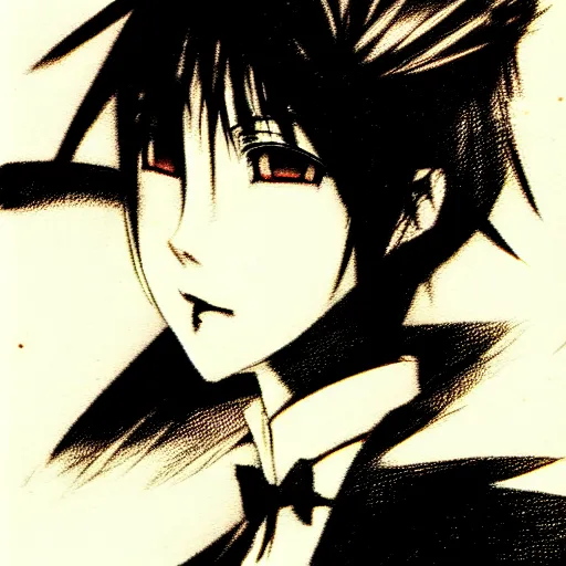 Image similar to Yoshitaka Amano realistic illustration of an anime girl with short white hair and black eyes wearing tuxedo, abstract black and white patterns on the background, noisy film grain effect, highly detailed, Renaissance oil painting