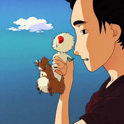 Image similar to friendly guy with small creature in the studio ghibli movie art smooth 8k highly detailed, detailed face, beautiful scene, ghibli, energetic, high quality, digital art, favourite