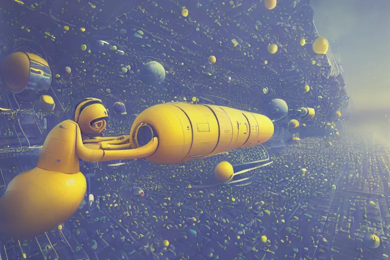 Image similar to the beatles on a yellow spaceship, art by mike winkelmann, trending on cgsociety, retrofuturism, darksynth, sci - fi