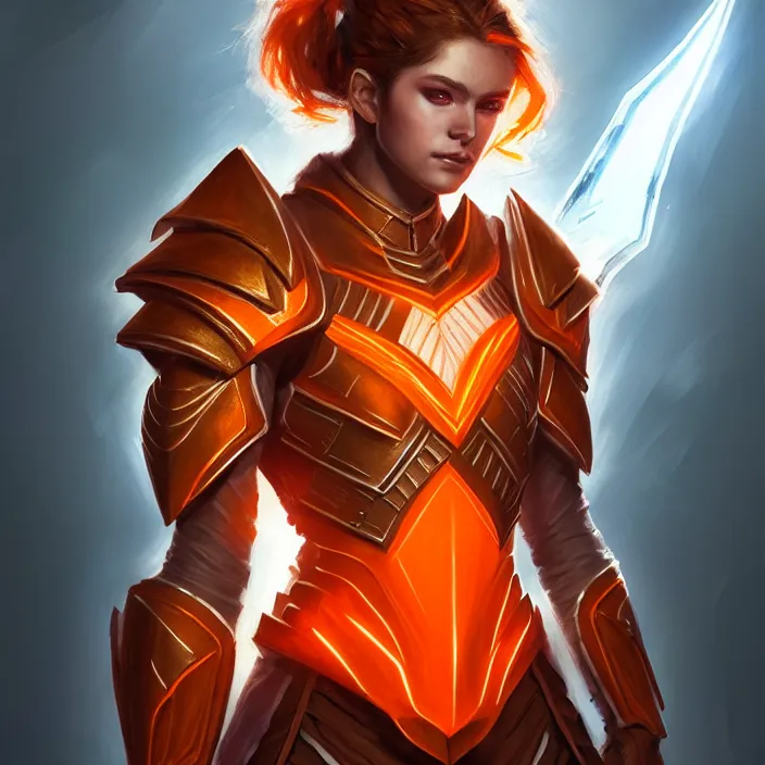 Image similar to masterpiece portrait of a d & d ranger with her quantum armor, orange and white, volumetric lighting, fantasy, intricate, elegant, lifelike, photorealistic, artstation, concept art, sharp focus, magic the gathering art