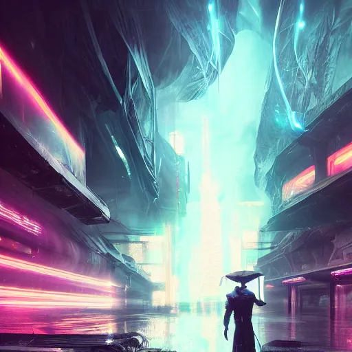 Image similar to photo of tenno from warframe in the style of stefan kostic, realistic, cyberpunk, neon, nighttime, rain storm, body shot, sharp focus, 8 k high definition, insanely detailed, intricate, elegant, art by stanley lau and artgerm, floating embers