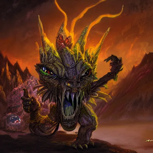 Image similar to a highly detailed goblin with dark skin and yellow eyes that glow, Like magic the gathering, goblin chainwalker, with a volcano in the background, digital art, by Christopher rush