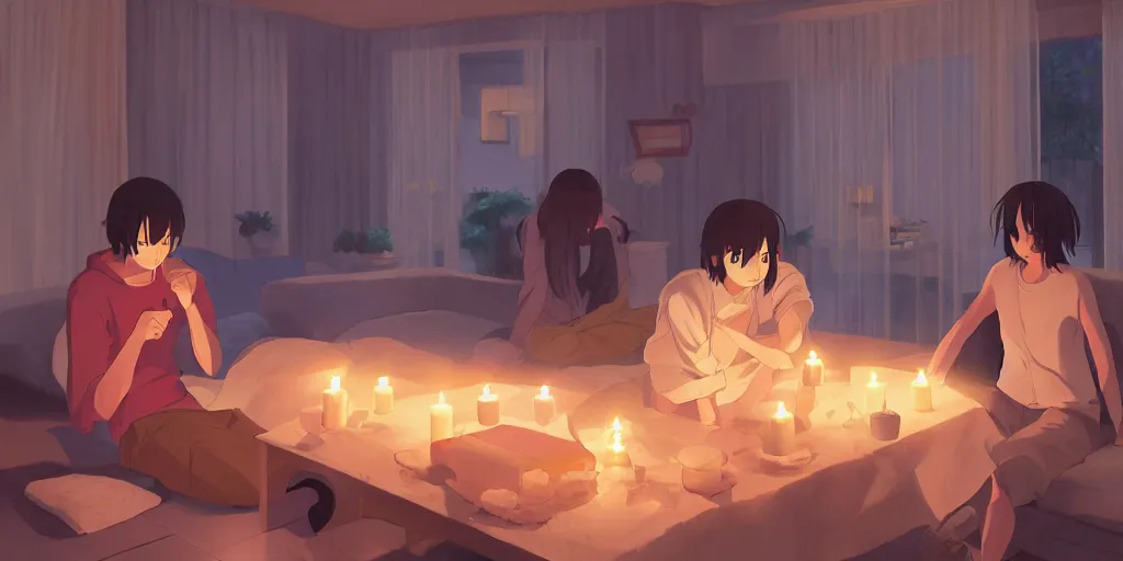 Image similar to a cozy party at midnight, modern indoors, bay area, candles, hot tub, friendship, art by makoto shinkai