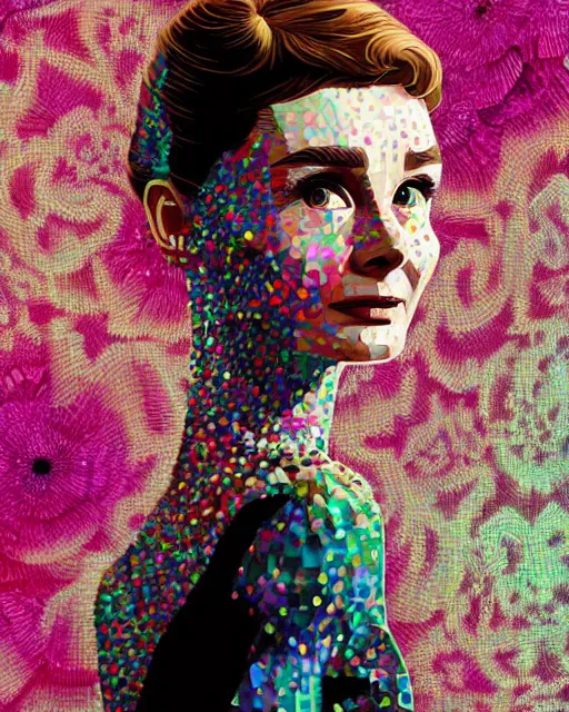 Prompt: highly detailed vfx portrait of audrey hepburn, geometric polygons, global illumination, detailed and intricate environment by james jean, liam brazier, petros afshar, victo ngai and tristan eaton