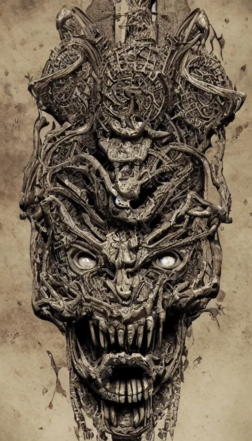 Image similar to ancient biomechanical hybrid aztec fantasy human demon face mask tattoo pattern concept, teonanacatl glyph, intricate artwork by, Johnatan Wayshak, Zdizslaw Beksinski, Artgerm, H.R. Giger, very coherent artwork, cinematic, hyper realism, high detail, octane render, unreal engine, 8k, High contrast, higly detailed black ink outline, crosshatch sketch gradient