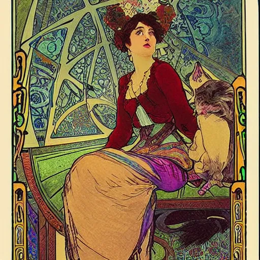 Image similar to Gypsy lady doing tarot card reading inside a gypsy caravan surrounded by cats, art nouveau, 1878, Alphonse Mucha, decorative panels, old paper, soft outline