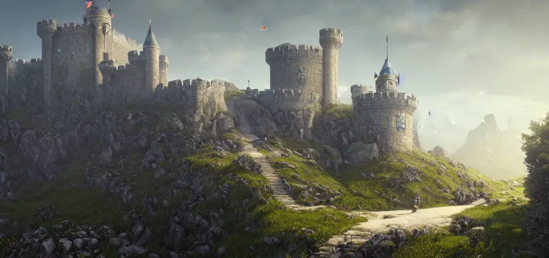 Prompt: beautiful render of kingdom of larion in spring, unreal engine, fantasy style, epic landscape, guard tower, castle, drone shot, soft light, by greg rutkowski, cgsociety