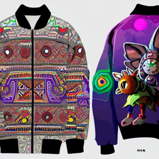 Image similar to majora majora's mask wearing oversized mayan bomber jacket with overalls, bulky poofy bomber jacket with mayan patterns, aztec street fashion, genshin impact art style, gapmoe yandere grimdark, trending on pixiv fanbox, painted by greg rutkowski makoto shinkai takashi takeuchi studio ghibli, akihiko yoshida