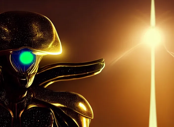 Image similar to closeup of an alien with beautiful glowing eyes, beautiful strange skin, wearing a long flowing cloth shirt over stylish large futuristic golden armor suit walking to an outpost with tall buildings and lights in the background, night sky with stars, beautiful colorful, incredible detail, anamorphic 2 0 mm lens cinematic flare