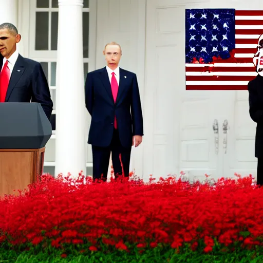 Image similar to obama with an american flag wrapped around his head, trump and putin in greyscale look on forebodingly in the background, red chinese flowers in the background, chinese characters in the foreground