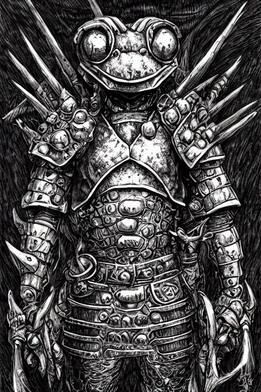 Prompt: humanoid toad warrior, wearing armour, swamp, symmetrical, highly detailed, digital art, sharp focus, trending on art station, kentaro miura manga art style