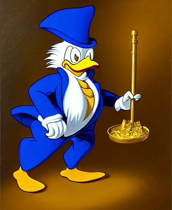 Image similar to Scrooge McDuck from the Duck Tales in blue costume standing on a mountain of golden gold and holding a cane, view from below, full body portrait including head, oil painting, highly detailed