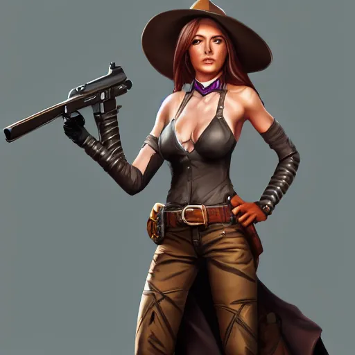 Image similar to full body, female cowgirl, perfect face, long rifle, 8 k, magic the gathering, d & d, artstation