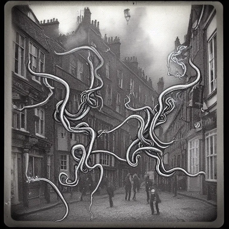 Image similar to evil eldritch smoke and tendril monsters in a typical english high street. terrified people running and screaming. polaroid. photorealistic. highly detailed