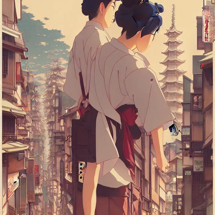 Image similar to japanese big city, summer, in the style of studio ghibli, j. c. leyendecker, greg rutkowski, artem