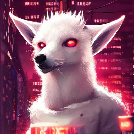 Image similar to white anthropomorphic female vulpes vulpes fulva, long snout, fluffy tail, smoking a cigarette in the rain, in crowded and wet street of a city, cyberpunk, harsh neon lights, highly detailed, digital painting, trending on artstation, concept art, illustration, art by artgerm and greg rutkowski and magali villeneuve