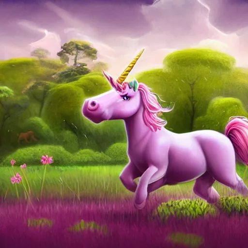 Image similar to a pinkish, purplish, unicorn frolicking, in a field of 4 leaf clovers, being ridden by a leprechaun, being chased by a sasquatch, diffuse lighting, fantasy, intricate, elegant, highly detailed, lifelike, photorealistic, digital painting, artstation, illustration, concept art, smooth, sharp focus, art by John Collier and Albert Aublet and Krenz Cushart and Artem Demura and Alphonse Mucha