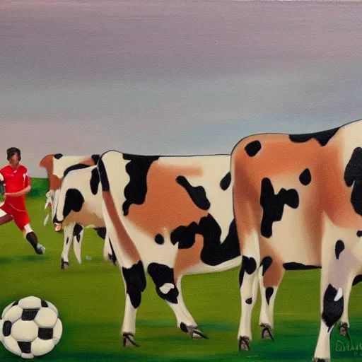 Image similar to painting of soccer game played by cows