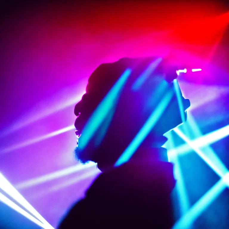 Image similar to rapper using microphone, epic angle, profile view, silhouetted, distinct, psychedelic hip-hop, laser light show, beams of light