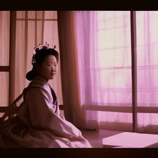 Prompt: a woman in a hanbok sitting on a couch, a starfish arm coming through the window, minimal cinematography by Akira Kurosawa, movie filmstill, 1950s film noir, thriller by Kim Jong-il and Shin Sang-ok, abstract occult epic composition