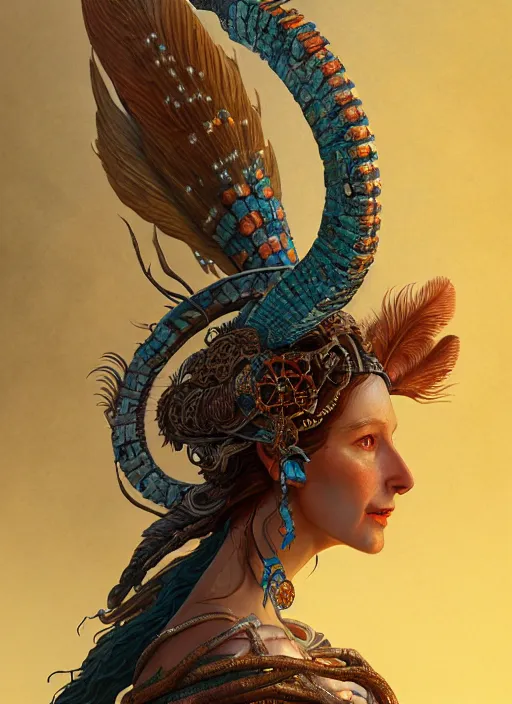 Image similar to an anton pieck portrait of a goddess, 8 k micro details beautiful intricate highly detailed quetzalcoatl skull and feathers. fire, galaxy, artwork by tooth wu and wlop and beeple and greg rutkowski, trending on artstation,