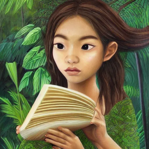 Prompt: a girl in a jungle with a book, her hair flowing down, subtle, intricate details, dynamic pose, real masterpiece, oil on canvas, by somsak anong