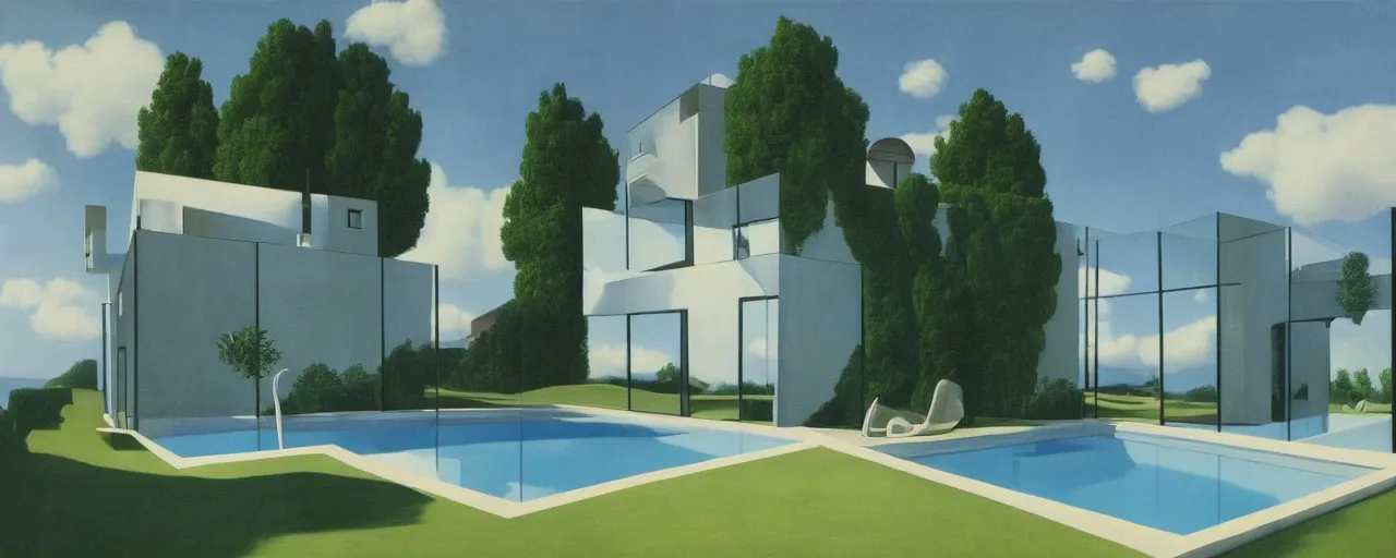 Image similar to contemporary house with pool in the front, full height windows, concept art, surrealist, rene magritte