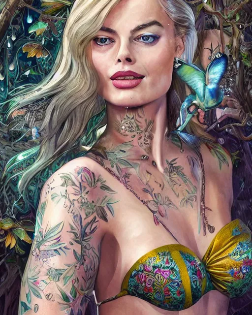 Prompt: Margot robbie as a beautiful tattooed female maid wearing a magical bikini in a magical forest, highly detailed and realistic face, rain drops on face, beautiful detailed eyes with a piercing gaze, fantasy art, in the style of artgerm, illustration, epic, fantasy, intricate, hyper detailed, artstation, concept art, smooth, sharp focus, ray tracing, vibrant, photorealistic