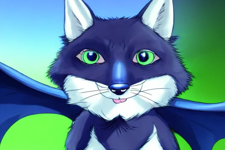 Image similar to a blue - and - black male catbat fursona with blue / green heterochromatic eyes ( differently - colored eyes, one green, one blue ) and huge bat ears, photo of the catbat streaming on his computer