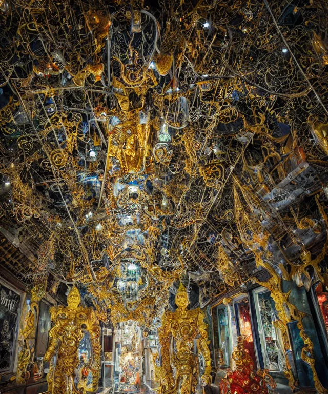 Image similar to a streeet view of wat rong khun temple!! by charlie bowater and art germ, rule of thirds, golden ratio, art nouveau! cyberpunk! style, mechanical accents!, mecha plate armor, glowing leds, flowing wires with leaves, art nouveau accents, art nouveau patterns and geometry, rich deep moody colors
