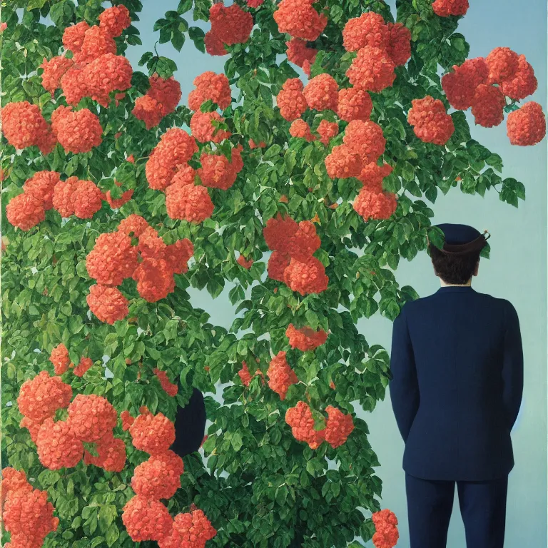 Image similar to portrait of a man, face hidden by beautiful flowers, by rene magritte, detailed painting, hd, hq, high resolution, high detail, 4 k, 8 k