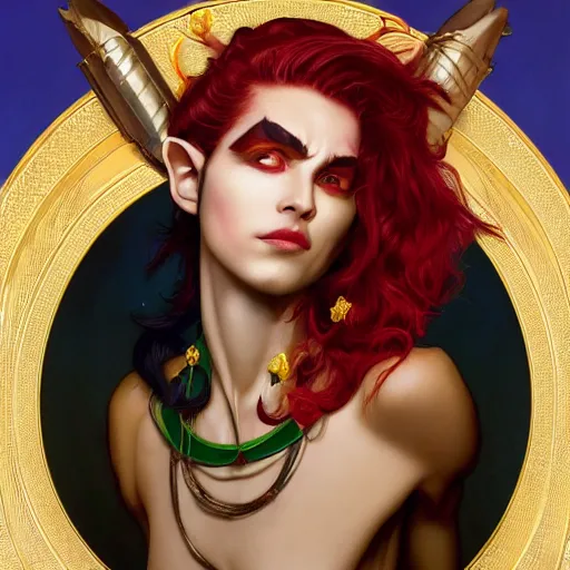 Prompt: a gorgeous and androgynous half - elf with dark skin tone and messy short red hair and catlike features with yellow eyes with slit pupils, dressed in a colorful jodhpuri suit, dnd character, golden aura, realistic portrait by ross tran and kehinde wiley and gerald brom and fernando amorsolo and alphonse mucha, trending on artstation