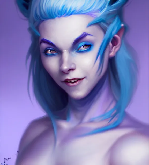 Prompt: beautiful female tiefling smiling wearing pale blue halter top, perfect face, blue hair, with abs, blue skin, cinematic, blush, stunning, elegant, highly detailed, psychedelic, digital painting, artstation, smooth, hard focus, illustration, art by jessica rossier and and brian froud