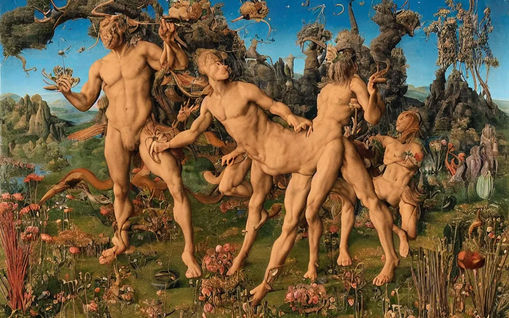 Image similar to a portrait photograph of a meditating satyr and a centaur monk riding a rocket machine and hunting at a river delta. surrounded by bulbous flowers and trees. mountain range under a blue sky of fiery stars. by jan van eyck, max ernst, ernst haeckel, ernst fuchs and artgerm, cgsociety, fashion editorial, 8 k