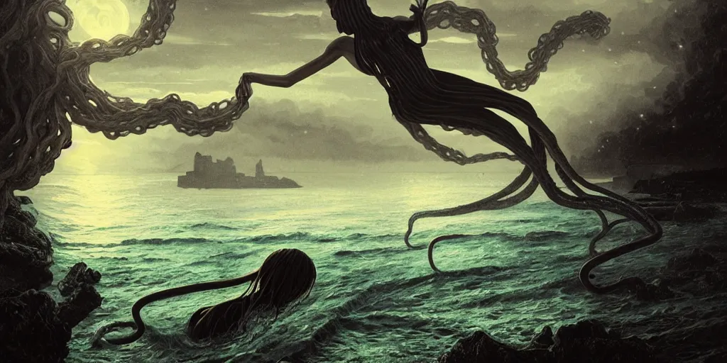 Prompt: landscape view on an old fishing village at night, a humanoid tentacled creature emerging from the ocean, night colors, high - key lighting, beautiful composition, intricate, gradient from green to black, pro photography by, highly detailed, digital painting, art by artgerm and greg rutkowski and alphonse mucha, smooth, sharp focus illustration