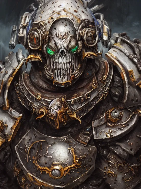 Prompt: portrait art of 8k ultra realistic undead corrupted space marine, eyes on fire , detailed intricate ornate armour,decaying, cybernetic, full of colour, cinematic lighting, battered, trending on artstation, 4k, hyperrealistic, focused, extreme details,unreal engine 5, cinematic, masterpiece, art by ayami kojima, giger
