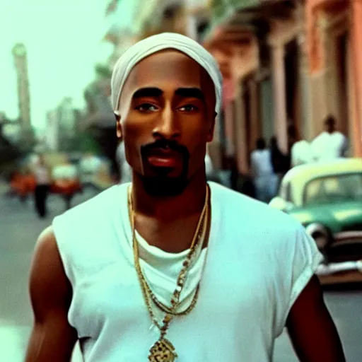 Image similar to tupac footage in cuba, uhd, hyper realistic, 4 k, hyper and extremely detail, style by steve mccury and annie leibovitz